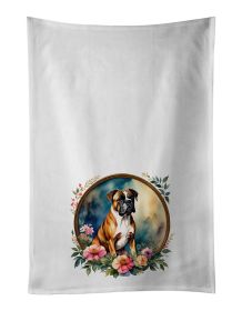 Boxer and Flowers Kitchen Towel Set of 2 White Dish Towels Decorative Bathroom Hand towel for Hand, Face, Hair, Yoga, Tea, Dishcloth, 19 X 28", White