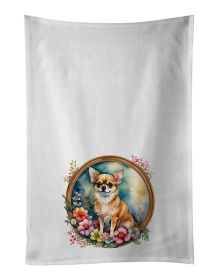 Chihuahua and Flowers Kitchen Towel Set of 2 White Dish Towels Decorative Bathroom Hand towel for Hand, Face, Hair, Yoga, Tea, Dishcloth, 19 X 28"