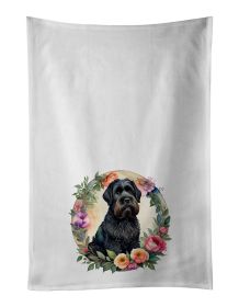 Black Russian Terrier and Flowers Kitchen Towel Set of 2 White Dish Towels Decorative Bathroom Hand towel for Hand, Face, Hair, Yoga, Tea, Dishcloth