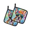 Boston Terrier Hippie Dawg Pair of Pot Holders Kitchen Heat Resistant Pot Holders Sets Oven Hot Pads for Cooking Baking BBQ, 7 1/2 x 7 1/2