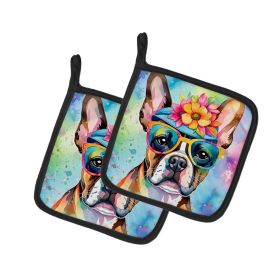 Boston Terrier Hippie Dawg Pair of Pot Holders Kitchen Heat Resistant Pot Holders Sets Oven Hot Pads for Cooking Baking BBQ, 7 1/2 x 7 1/2