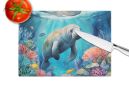 Manatee and Coral Reefs Glass Cutting Board Decorative Tempered Glass Kitchen Cutting and Serving Board Large Size Chopping Board