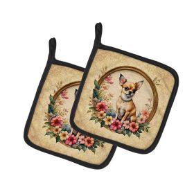 Chihuahua and Flowers Pair of Pot Holders Kitchen Heat Resistant Pot Holders Sets Oven Hot Pads for Cooking Baking BBQ, 7 1/2 x 7 1/2 (Default: Default)